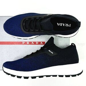 NEW PRADA Men's Knit 2 Blue Black Textile Low Top Logo Sneakers UK 10.5 US 11.5